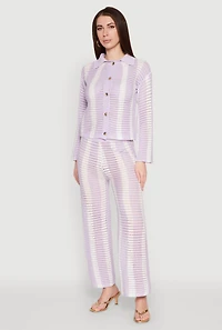 Womens Daisy Striped Pointelle Crochet Shirt, Purple,