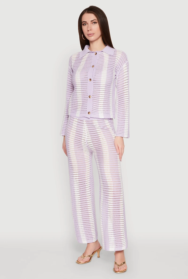Womens Daisy Striped Pointelle Crochet Shirt, Purple, Size S
