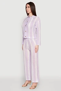 Womens Daisy Striped Pointelle Crochet Shirt, Purple, Size S