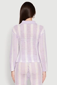 Womens Daisy Striped Pointelle Crochet Shirt, Purple, Size S