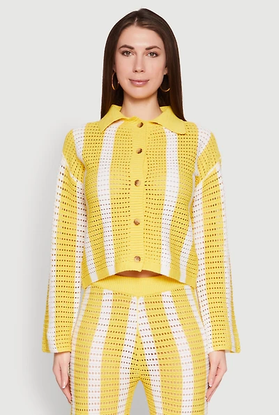 Womens Daisy Striped Pointelle Crochet Shirt, Yellow, Size S