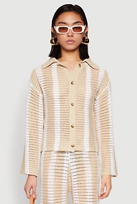Womens Daisy Striped Pointelle Crochet Shirt, Beige, Size S