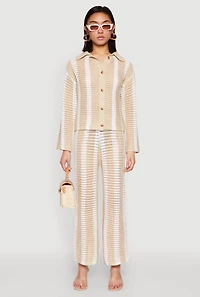 Womens Daisy Striped Pointelle Crochet Shirt, Beige, Size S