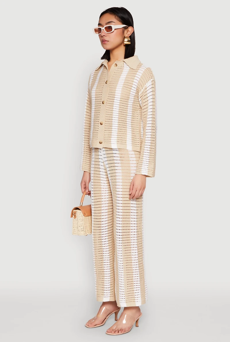 Womens Daisy Striped Pointelle Crochet Shirt, Beige, Size S
