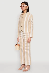 Womens Daisy Striped Pointelle Crochet Shirt, Beige, Size S