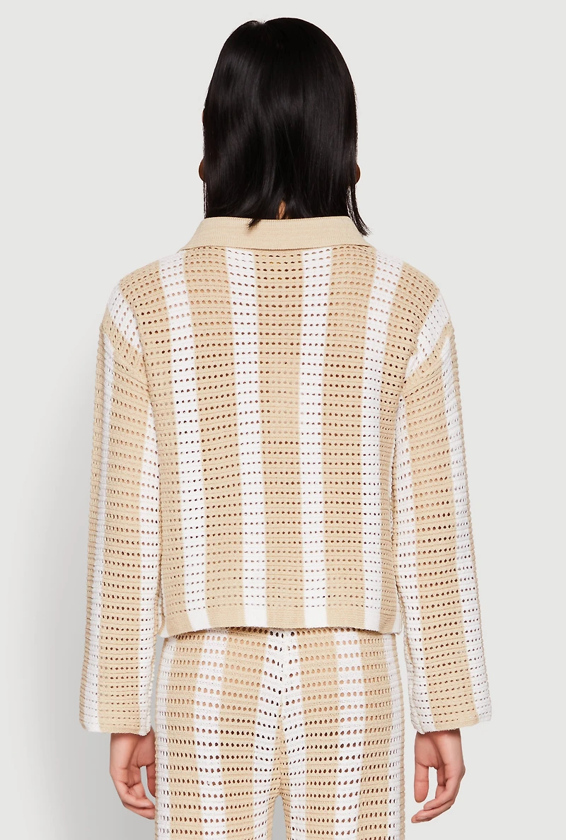 Womens Daisy Striped Pointelle Crochet Shirt, Beige, Size S
