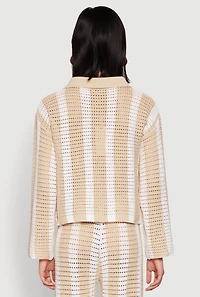 Womens Daisy Striped Pointelle Crochet Shirt, Beige, Size S