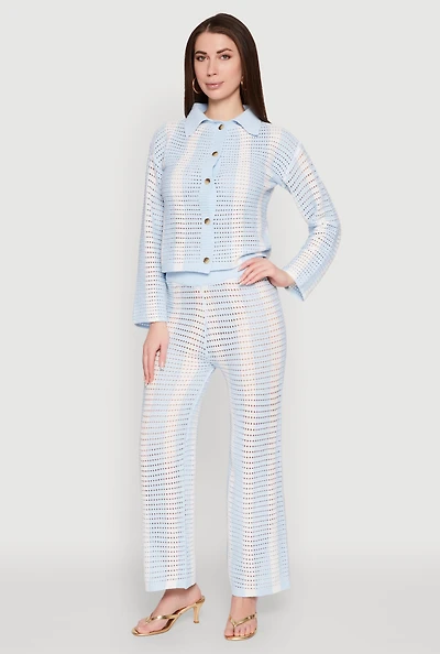 Womens Daisy Striped Pointelle Crochet Pants, Blue, Size L