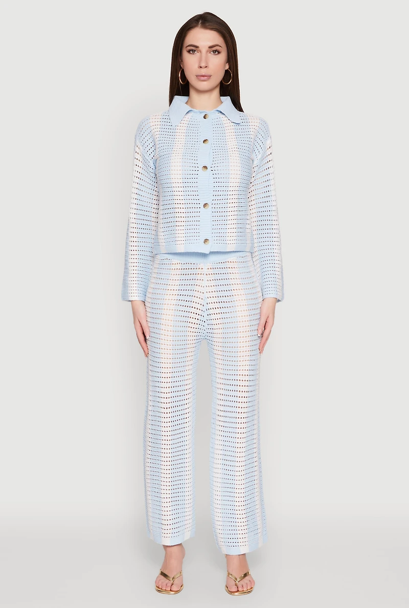 Womens Daisy Striped Pointelle Crochet Pants,