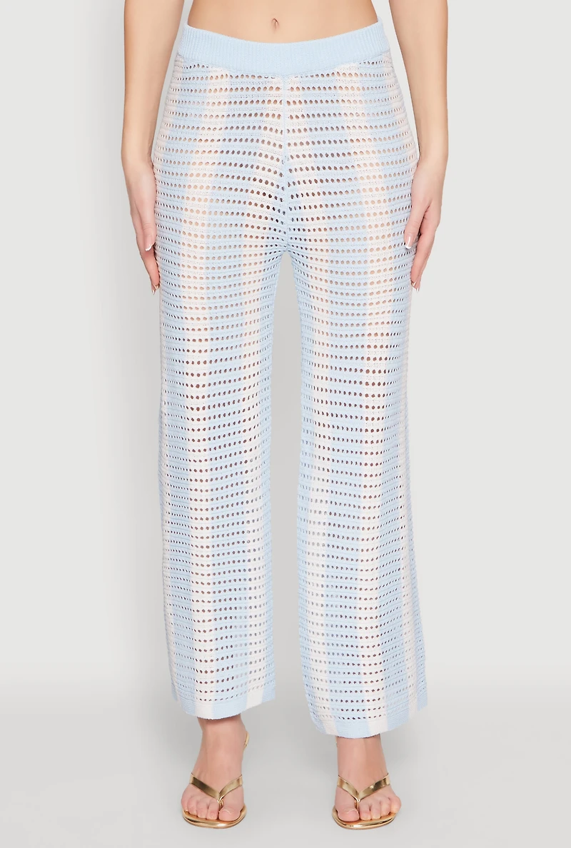 Womens Daisy Striped Pointelle Crochet Pants,