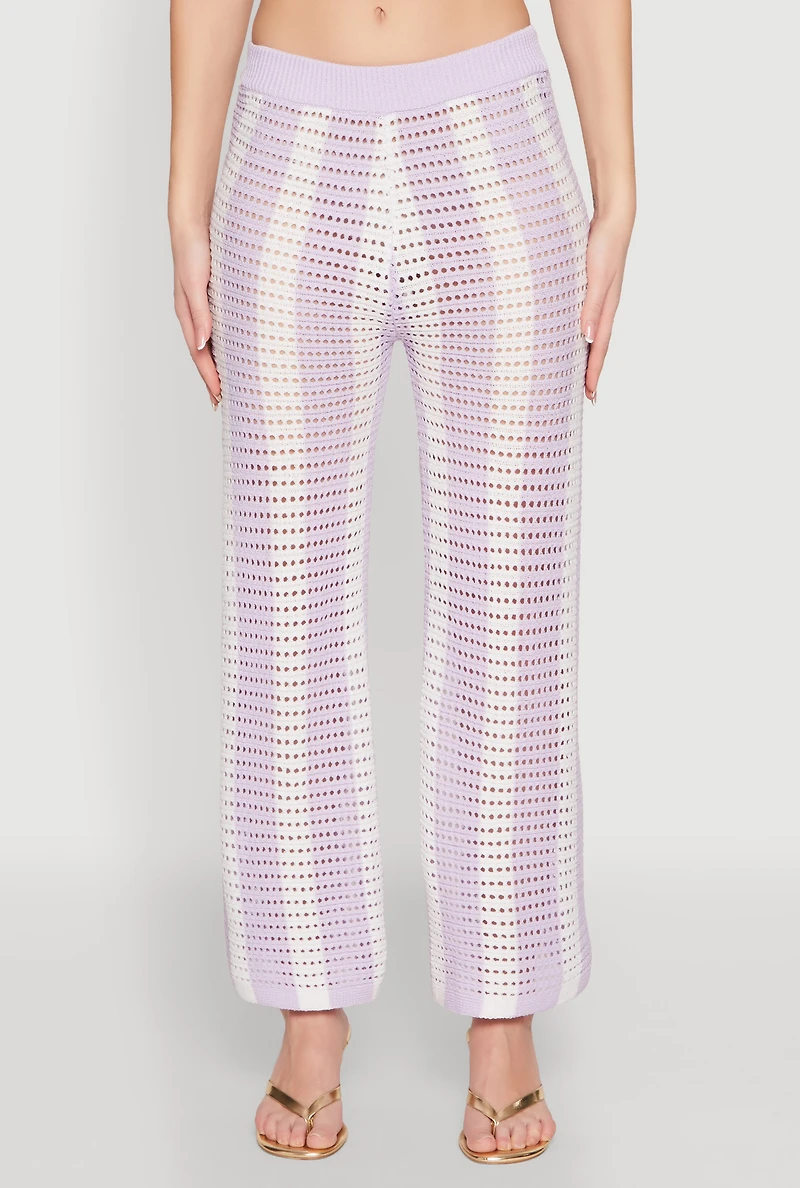 Womens Daisy Striped Pointelle Crochet Pants, Purple, Size S