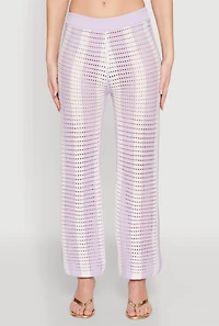 Womens Daisy Striped Pointelle Crochet Pants, Purple, Size S