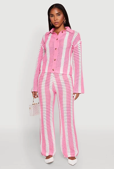 Womens Daisy Striped Pointelle Crochet Pants, Pink, Size S