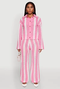 Womens Daisy Striped Pointelle Crochet Pants, Pink, Size S
