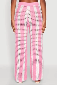 Womens Daisy Striped Pointelle Crochet Pants, Pink, Size S