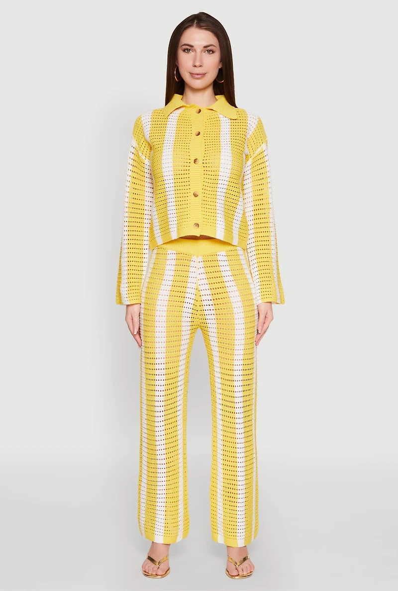 Womens Daisy Striped Pointelle Crochet Pants, Yellow, Size L