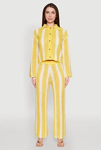 Womens Daisy Striped Pointelle Crochet Pants, Yellow, Size L