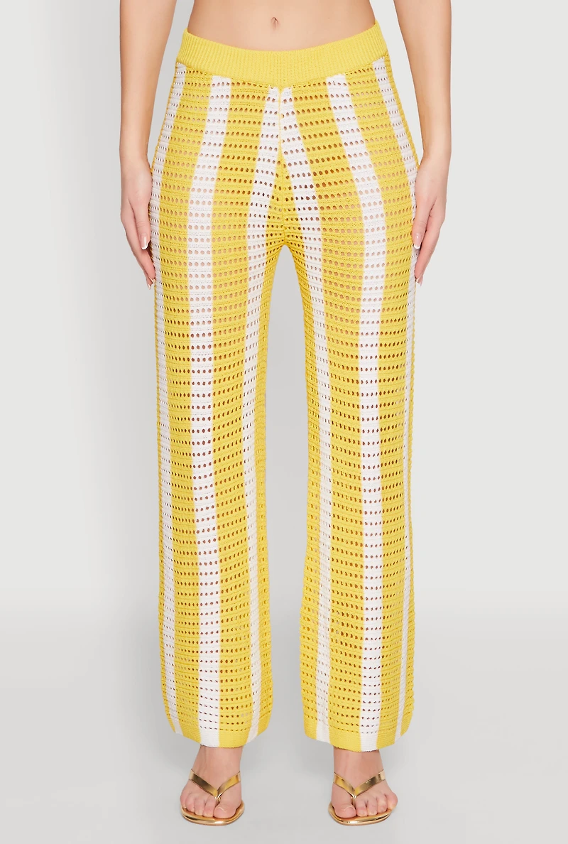 Womens Daisy Striped Pointelle Crochet Pants, Yellow, Size L