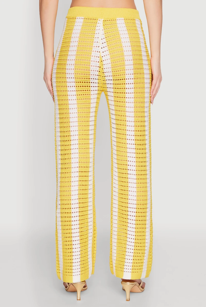 Womens Daisy Striped Pointelle Crochet Pants, Yellow, Size L