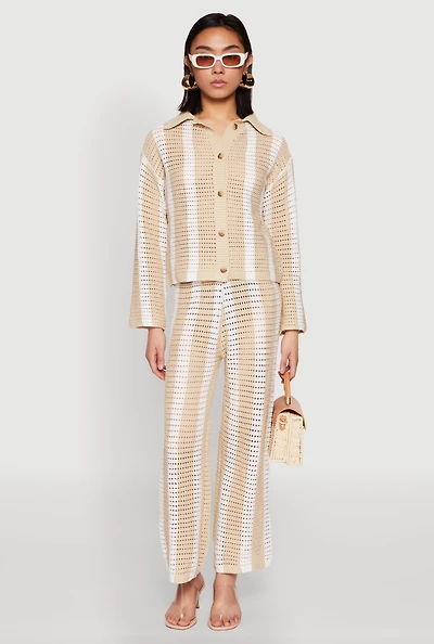 Womens Daisy Striped Pointelle Crochet Pants,