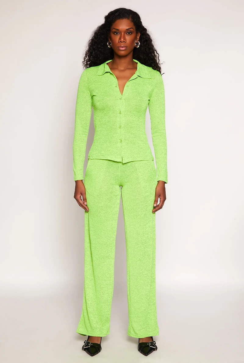 Womens Daisy Button Front Long Sleeve Shirt, Green, Size L
