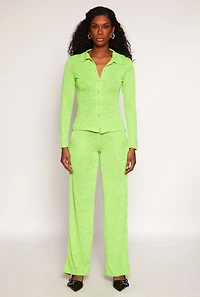 Womens Daisy Button Front Long Sleeve Shirt, Green, Size S