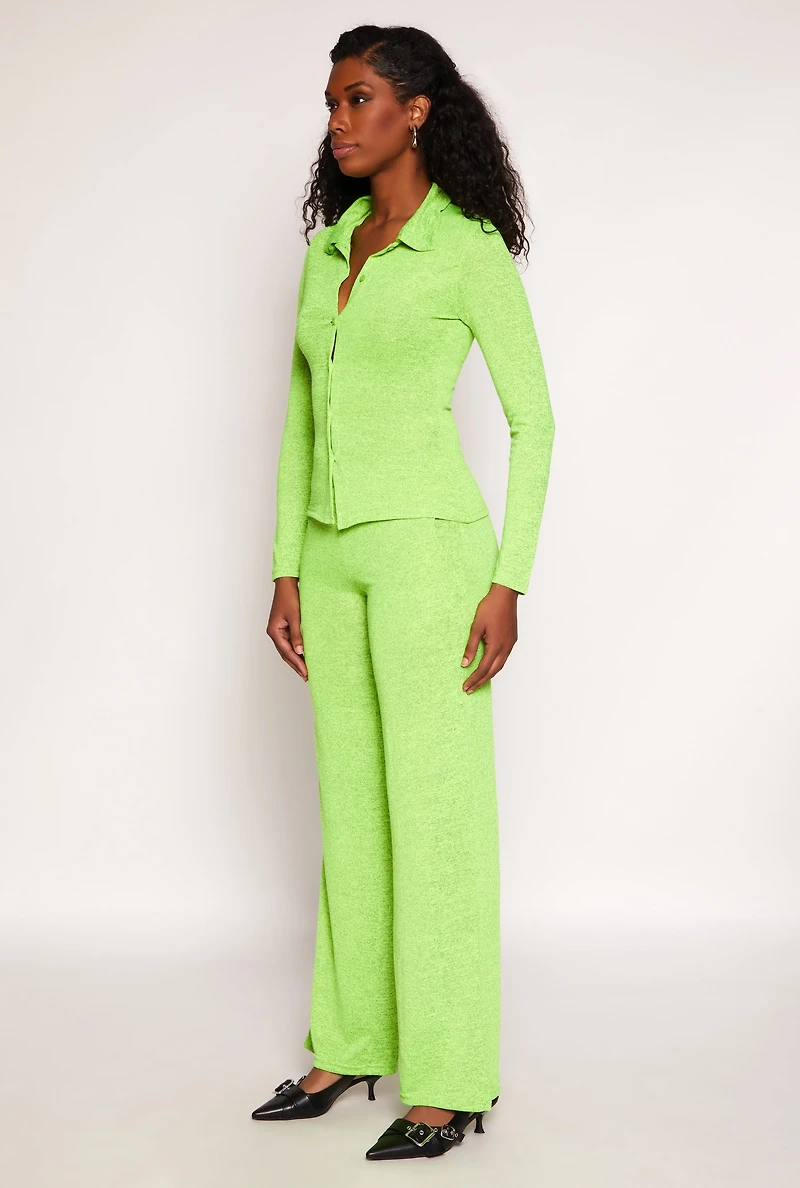 Womens Daisy Button Front Long Sleeve Shirt, Green, Size L