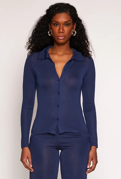 Womens Daisy Button Front Long Sleeve Shirt, Blue, Size S