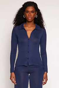 Womens Daisy Button Front Long Sleeve Shirt, Blue, Size S