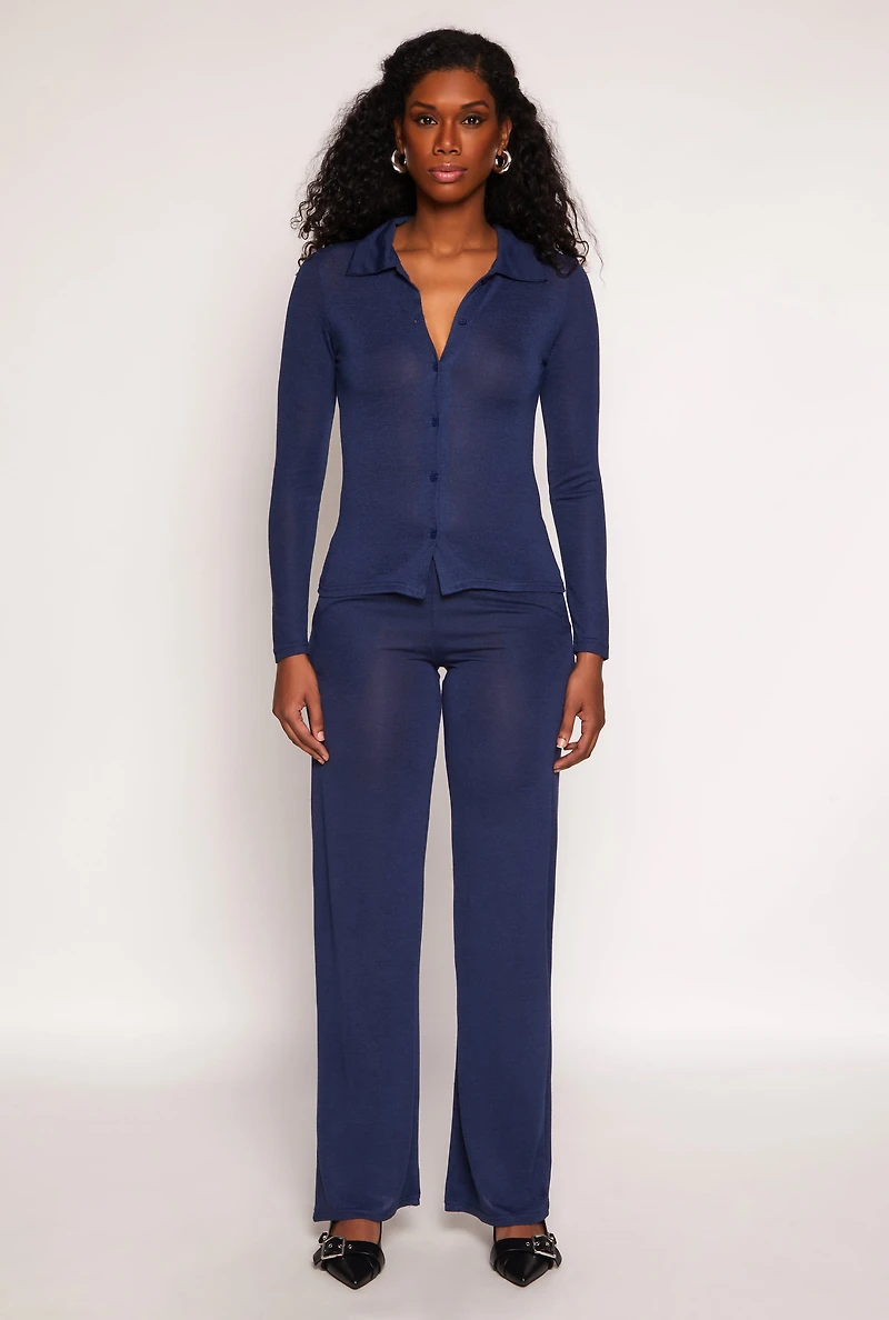 Womens Daisy Button Front Long Sleeve Shirt, Blue, Size S