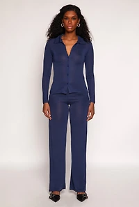 Womens Daisy Button Front Long Sleeve Shirt, Blue, Size S