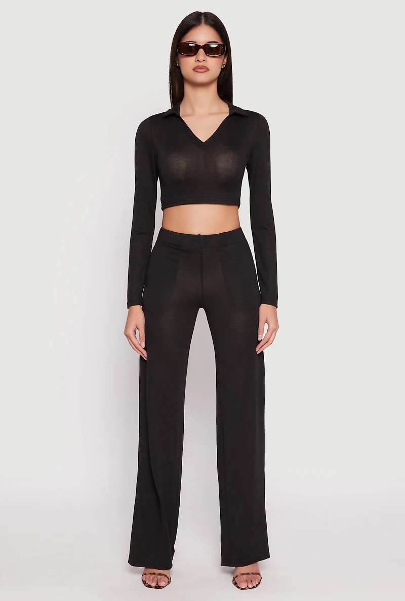 Womens Daisy Long Sleeve Cropped Polo Shirt, Black, Size XL