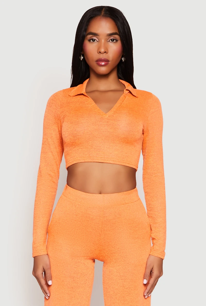 Womens Daisy Long Sleeve Cropped Polo Shirt, Orange, Size L