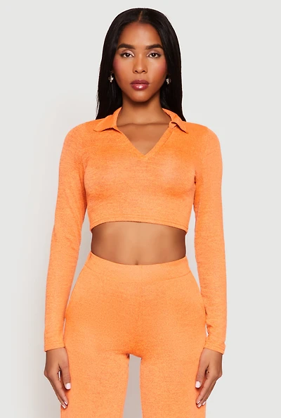Womens Daisy Long Sleeve Cropped Polo Shirt, Orange, Size L