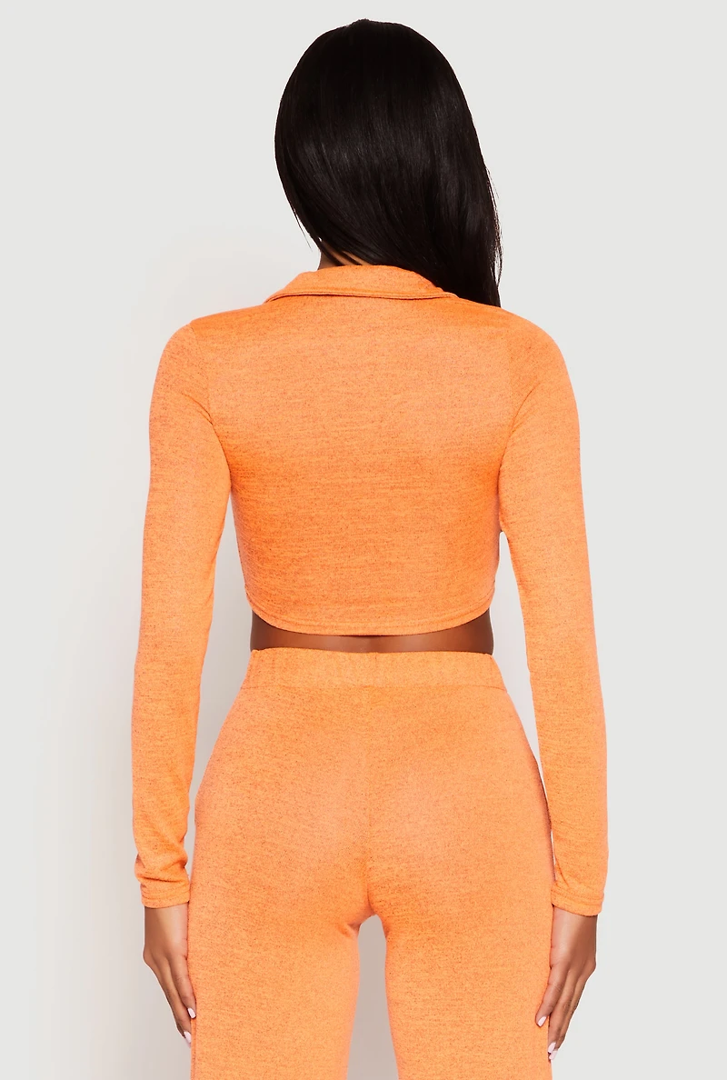 Womens Daisy Long Sleeve Cropped Polo Shirt, Orange, Size L