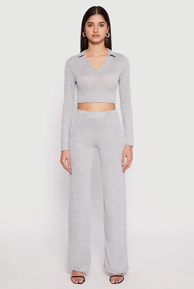 Womens Daisy Brushed Knit Straight Leg Pants, Grey, Size XL