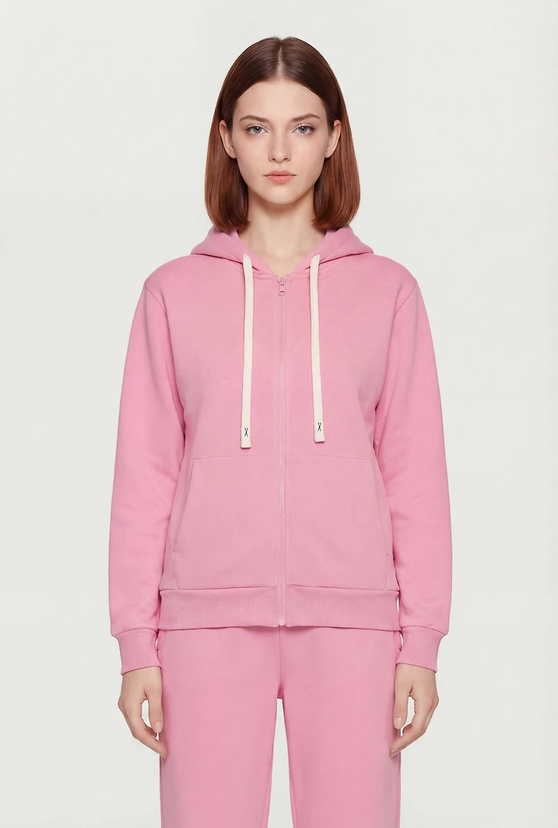 Long Sleeve Zip Front Drawstring Hoodie