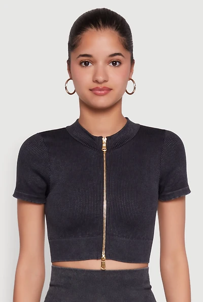 Womens Daisy Seamless Double Zip Front Crop Top,