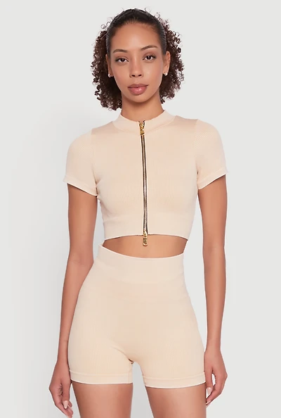 Womens Daisy Seamless Double Zip Front Crop Top,