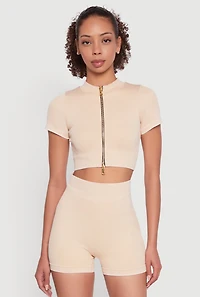 Womens Daisy Seamless Double Zip Front Crop Top,