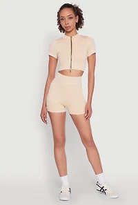 Womens Daisy Seamless Double Zip Front Crop Top,