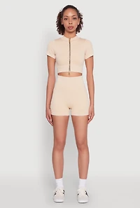 Womens Daisy Seamless Double Zip Front Crop Top,