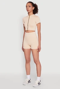 Womens Daisy Seamless Double Zip Front Crop Top,