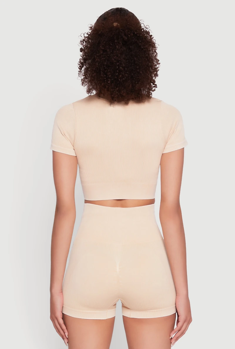 Womens Daisy Seamless Double Zip Front Crop Top,