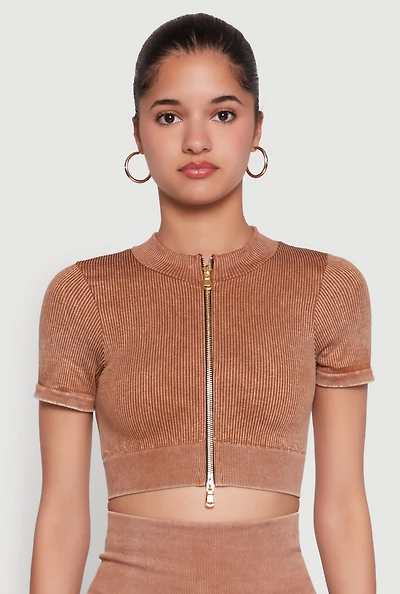 Womens Daisy Seamless Double Zip Front Crop Top,