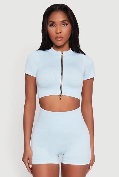 Womens Daisy Seamless Double Zip Front Crop Top, Blue, Size S