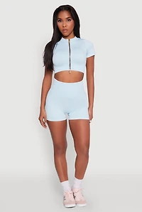 Womens Daisy Seamless Double Zip Front Crop Top, Blue, Size S