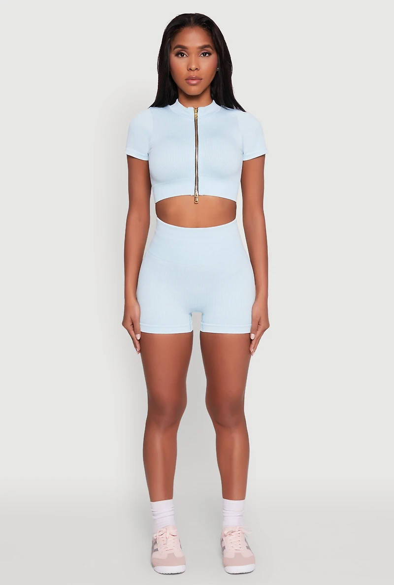 Womens Daisy Seamless Double Zip Front Crop Top, Blue, Size S