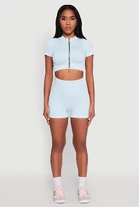 Womens Daisy Seamless Double Zip Front Crop Top, Blue, Size S