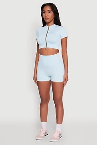 Womens Daisy Seamless Double Zip Front Crop Top, Blue, Size S